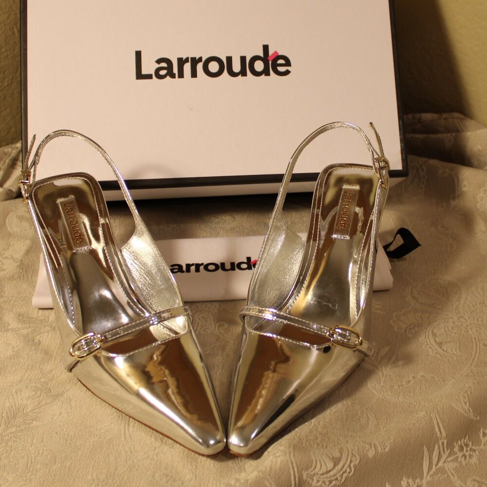 Larroude Silver Slingback Heels